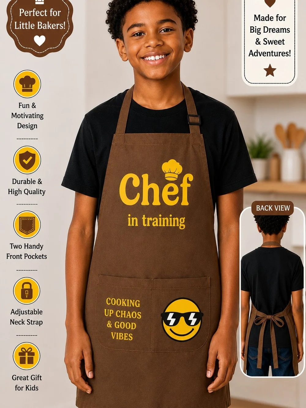 Chef in Training Kids Apron - Brown with Yellow Print